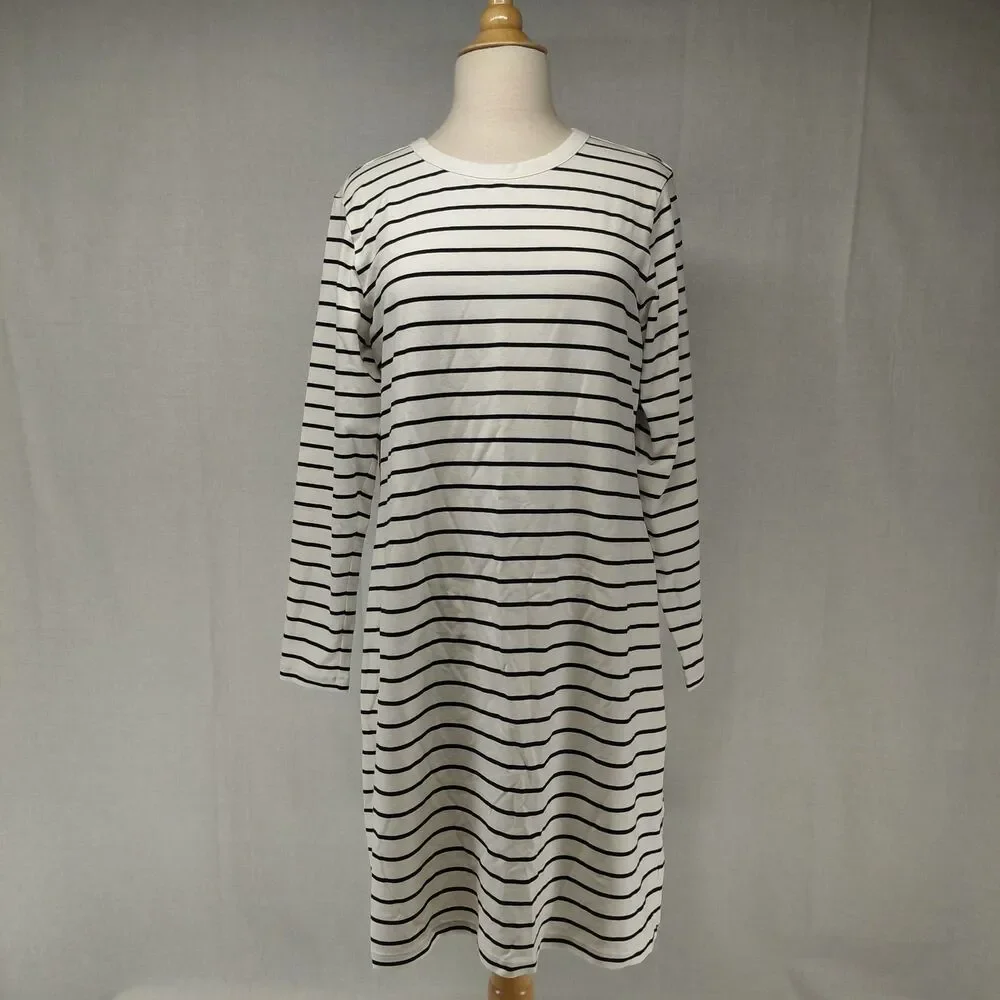 NWT Old Navy LS Knee Length Crew Neck T-Shirt Dress White w/ Black Stripe Sz XL - Picture 1 of 8